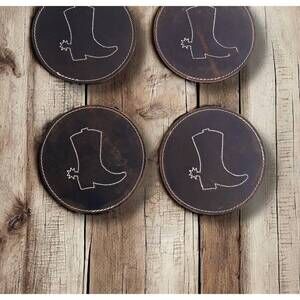 NEW WESTERN LINENS boot tooled leather coasters set in brown